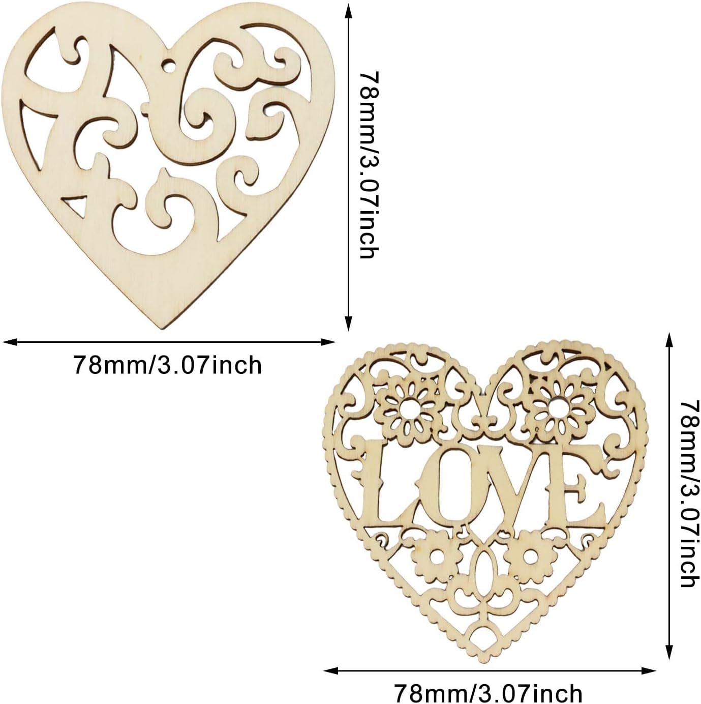 Decorative heart-shaped cutout with 'LOVE' engraving and measurements on a white background