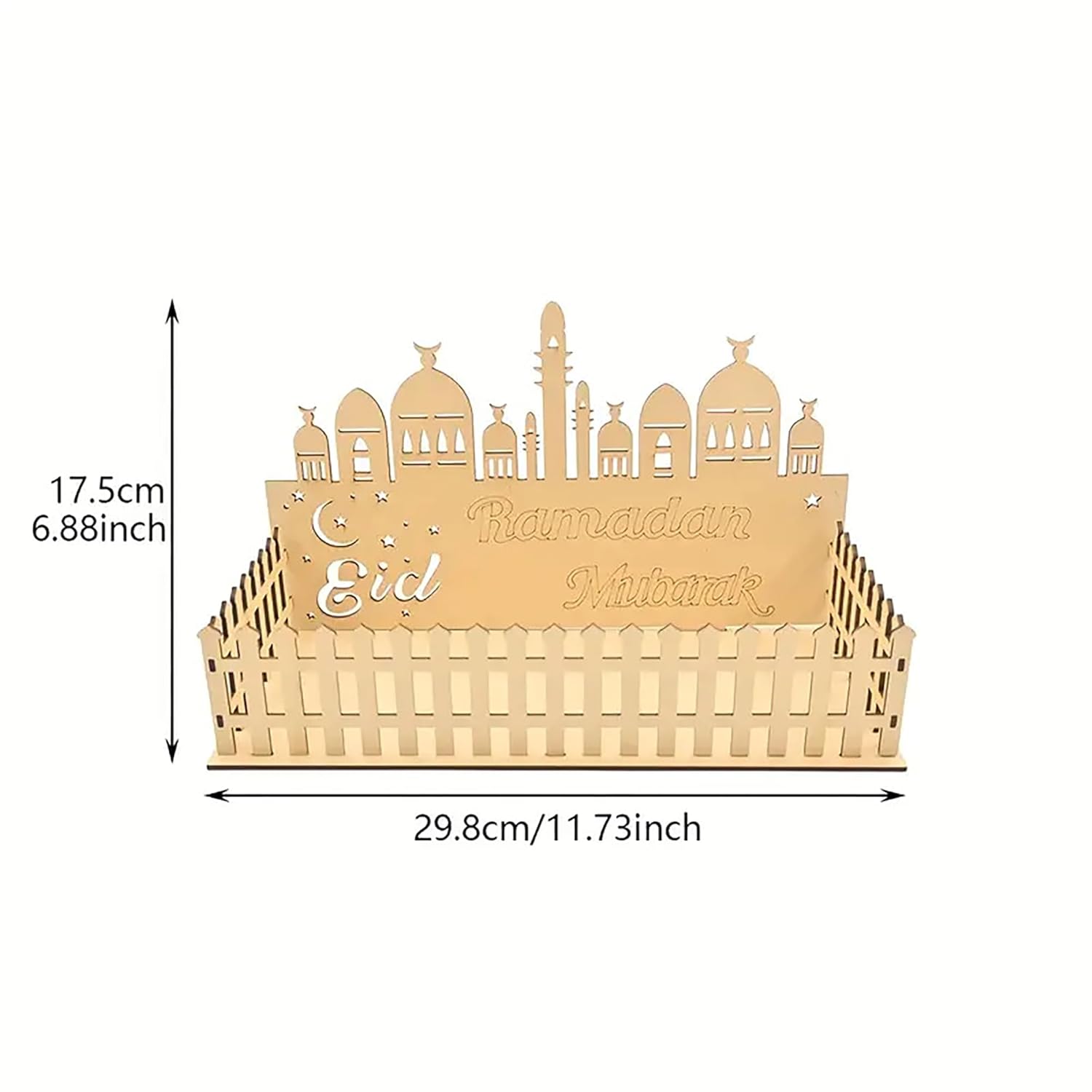 Decorative cake stand with 'Ramadan Eid' text and architectural design, shown with measurements.