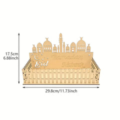 Decorative cake stand with 'Ramadan Eid' text and architectural design, shown with measurements.