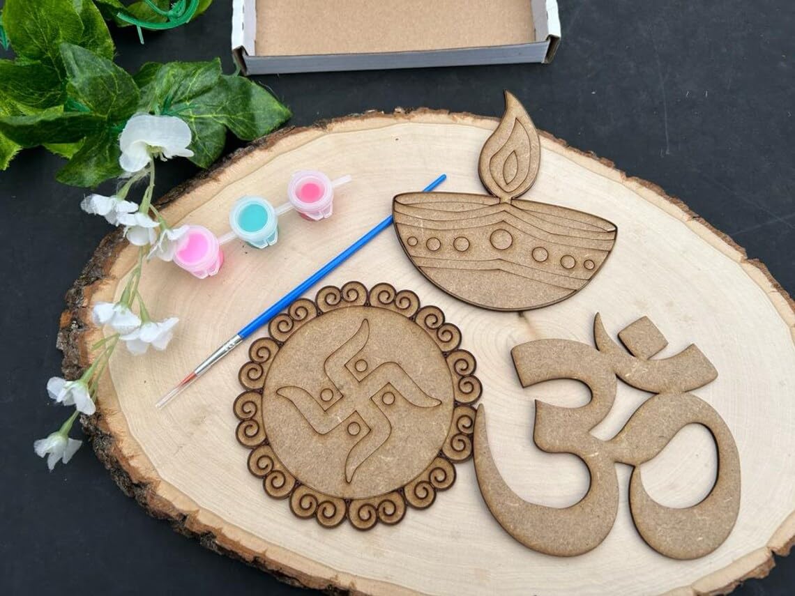 Wooden cutouts of symbols on a wooden surface with flowers and a box in the background