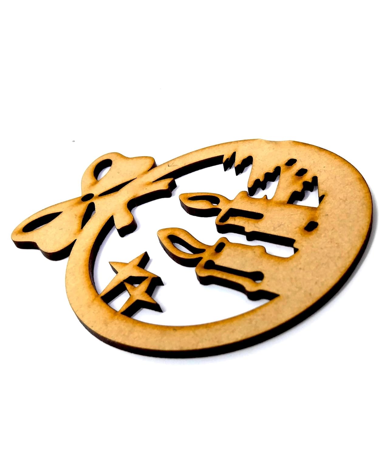 Wooden cutout with fish design on a white background
