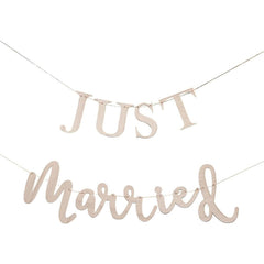 Beige 'Just Married' banner on a white background