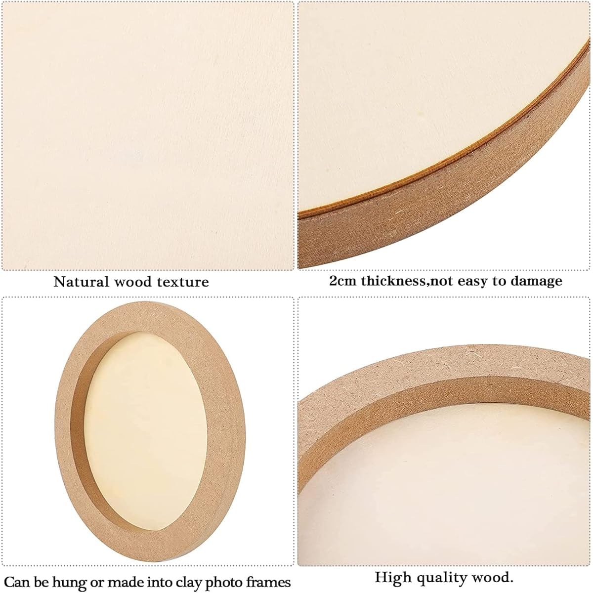 Wooden circular frame with text highlighting features like natural wood texture and thickness.