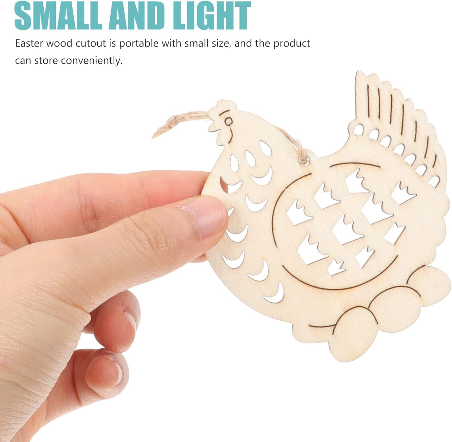 Wooden Easter cutout held by a hand with text about its portability.