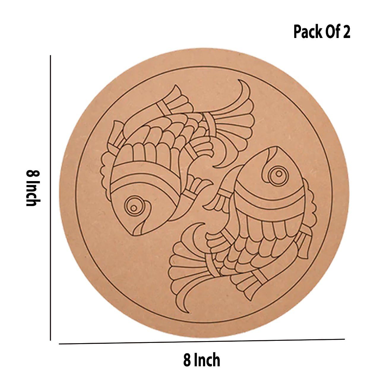 Round cardboard coaster with fish design, dimensions, and pack size indicated.