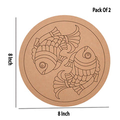 Round cardboard coaster with fish design, dimensions, and pack size indicated.