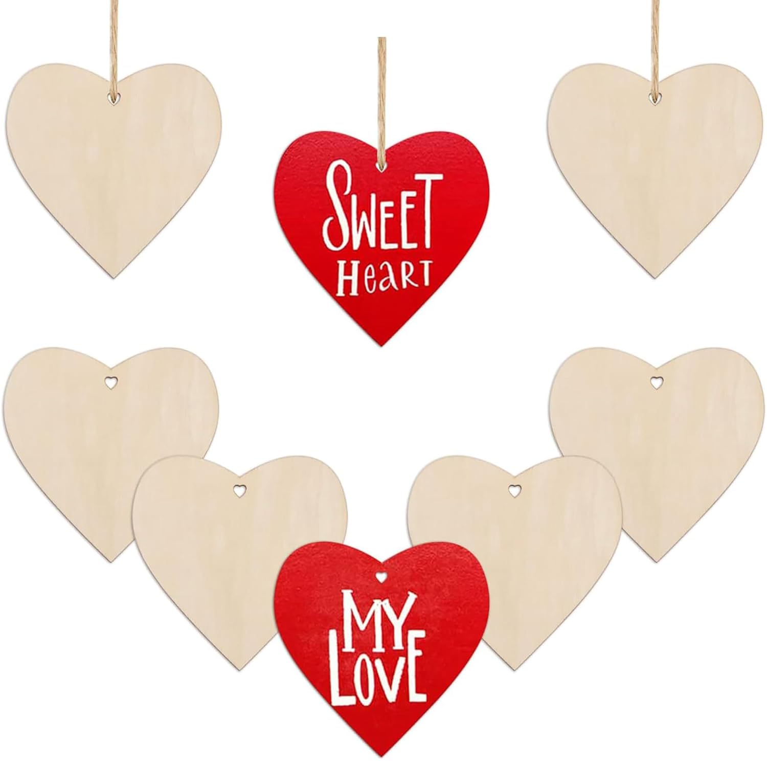 Set of heart-shaped wooden tags with 'Sweet Heart' and 'My Love' text on a white background