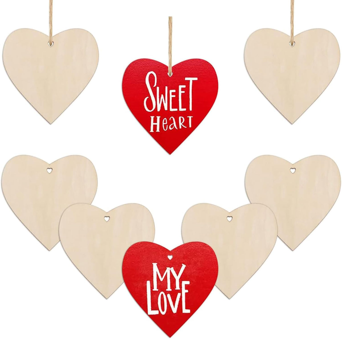 Set of heart-shaped wooden tags with 'Sweet Heart' and 'My Love' text on a white background