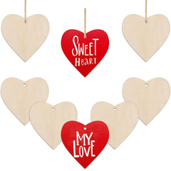 Set of heart-shaped wooden tags with 'Sweet Heart' and 'My Love' text on a white background