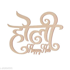 Decorative wooden sign with 'Happy Holi' text on a white background