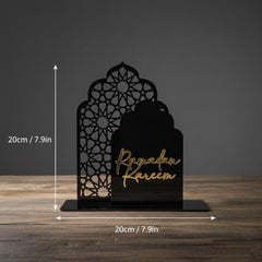 Decorative stand with 'Ramadan Kareem' text and geometric design, shown on a wooden surface with measurements.