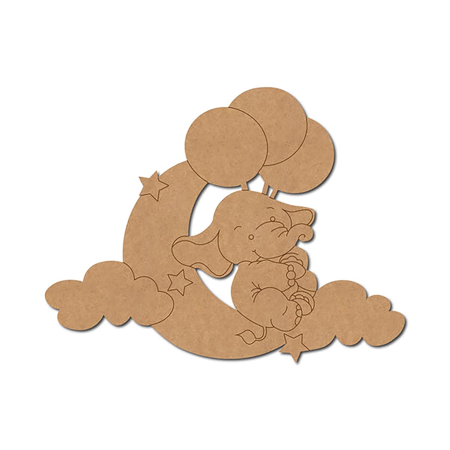 Cardboard cutout of an elephant with balloons and clouds on a white background