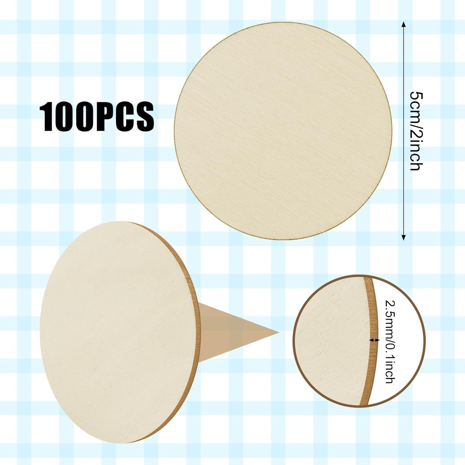 100pcs round wooden discs with measurements on a checkered background