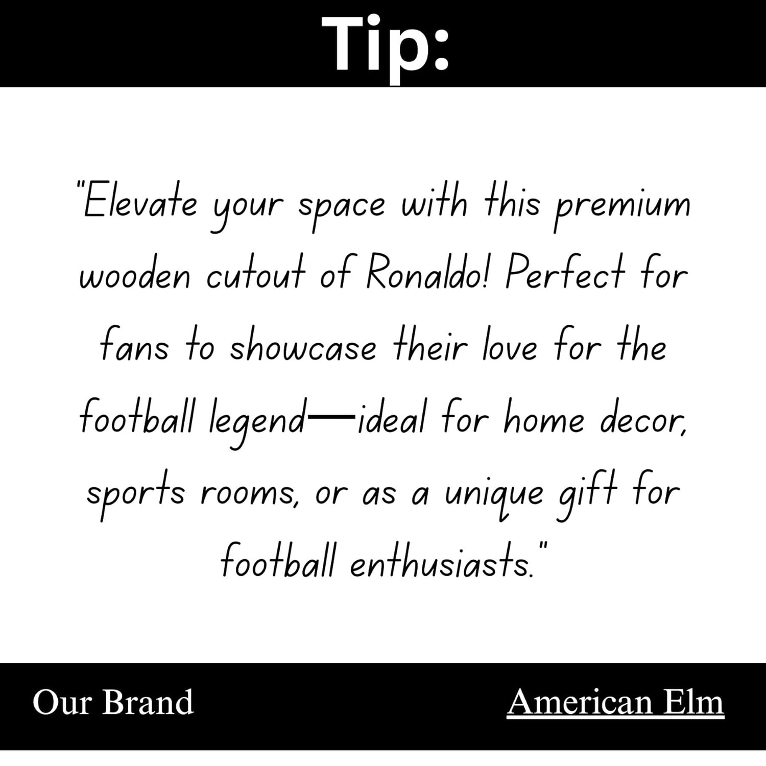 Promotional text for a wooden cutout of Ronaldo, featuring branding at the bottom.