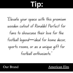 Promotional text for a wooden cutout of Ronaldo, featuring branding at the bottom.