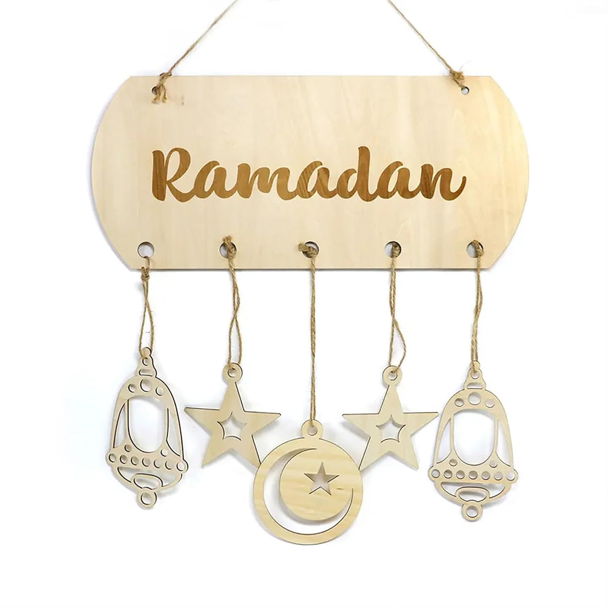 Decorative hanging sign with 'Ramadan' and moon, star, and lantern symbols on a white background.