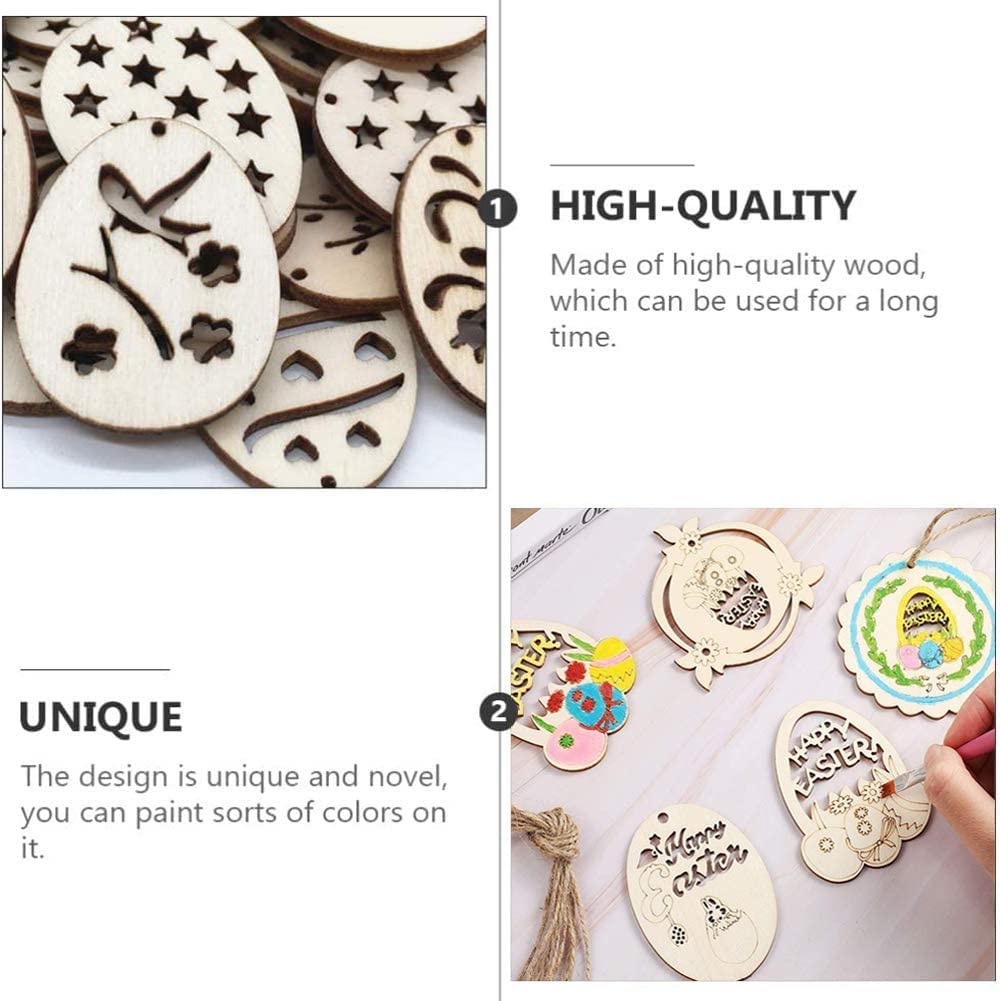Wooden decorative items with cut-out designs and text, shown with a hand painting one of them.