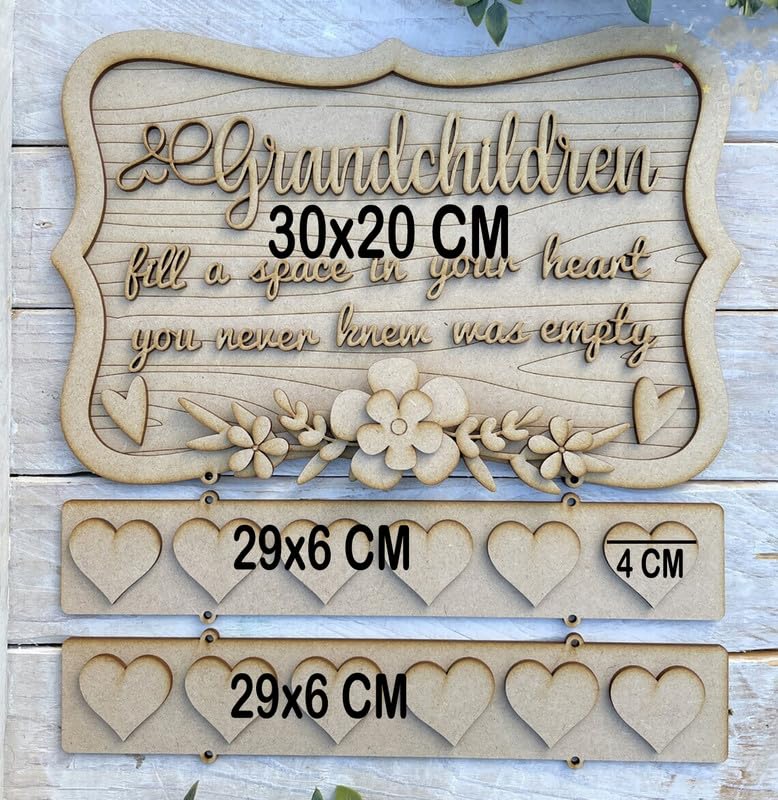 Wooden decorative sign with text and measurements on a wooden background