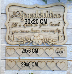 Wooden decorative sign with text and measurements on a wooden background