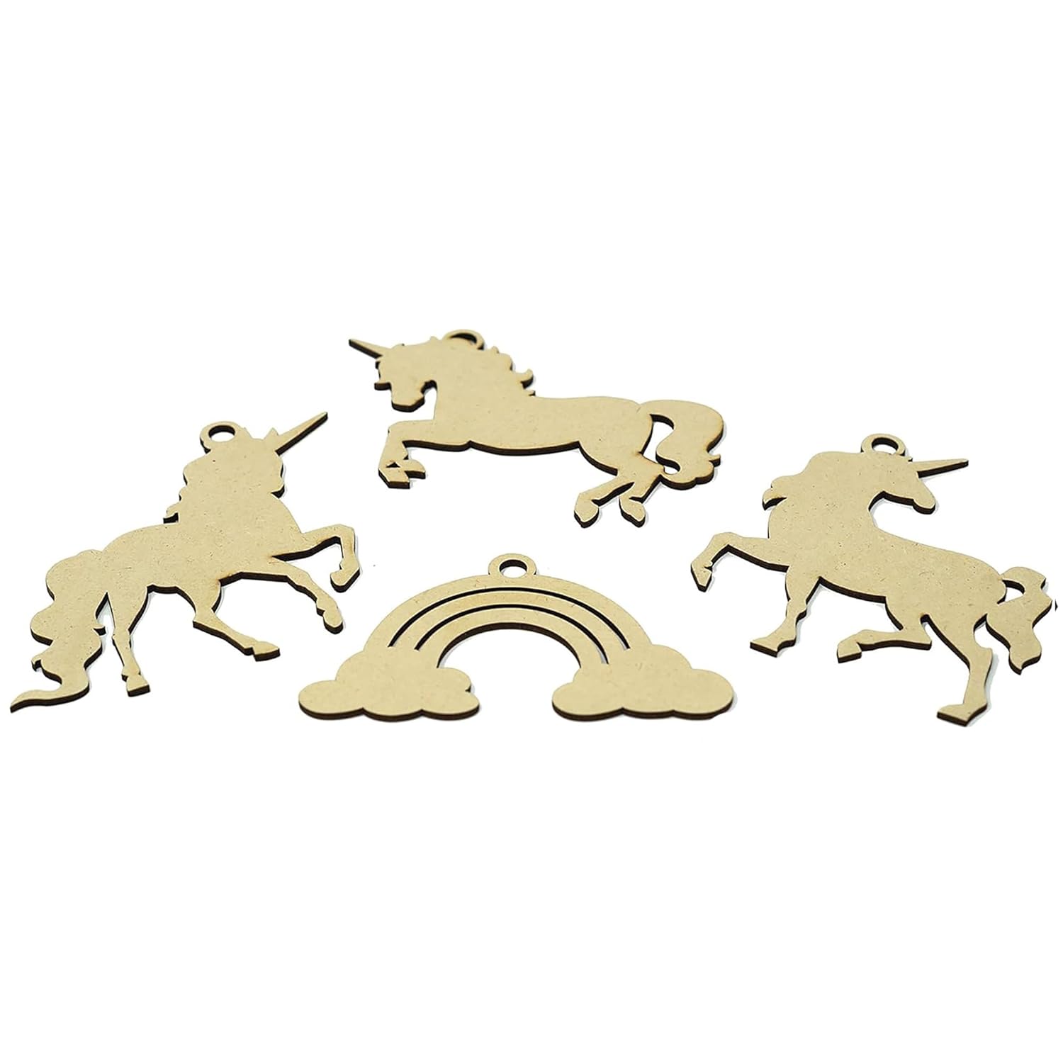 Unicorn and rainbow-shaped wooden cutouts on a white background