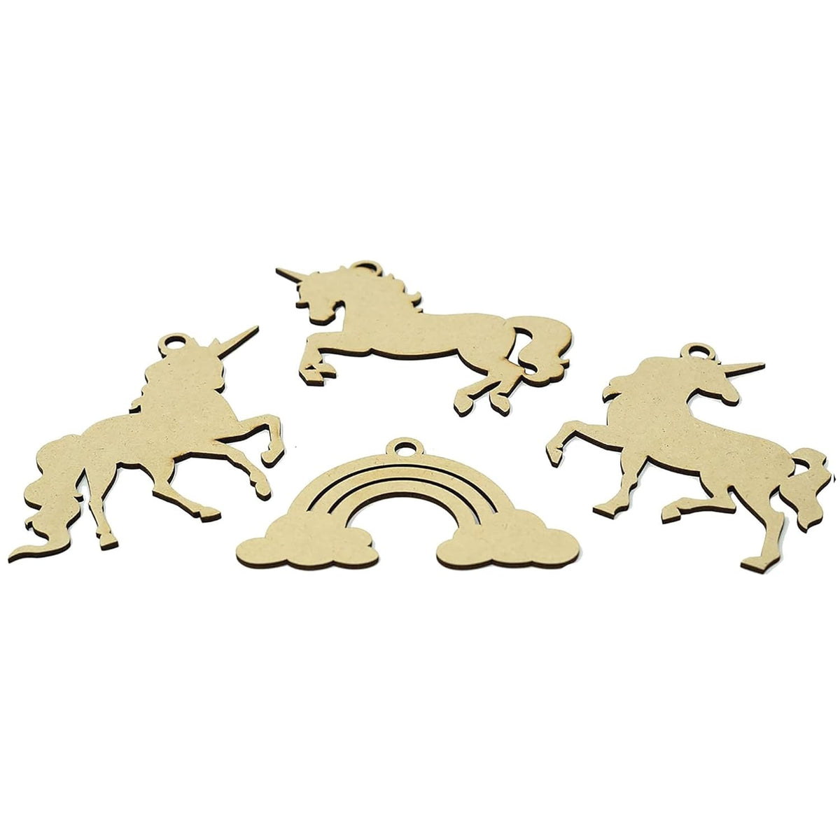 Unicorn and rainbow-shaped wooden cutouts on a white background
