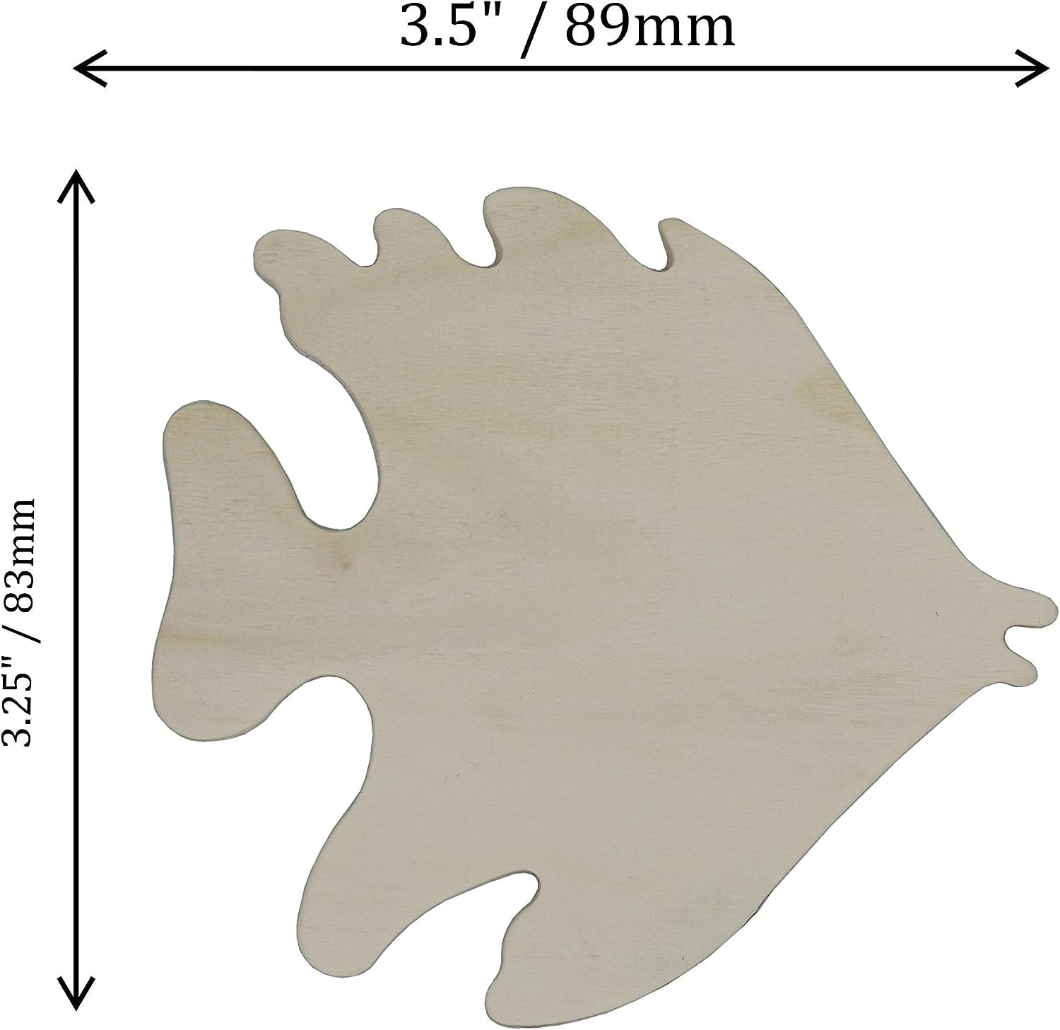 Unfinished wood fish shape with dimensions labeled