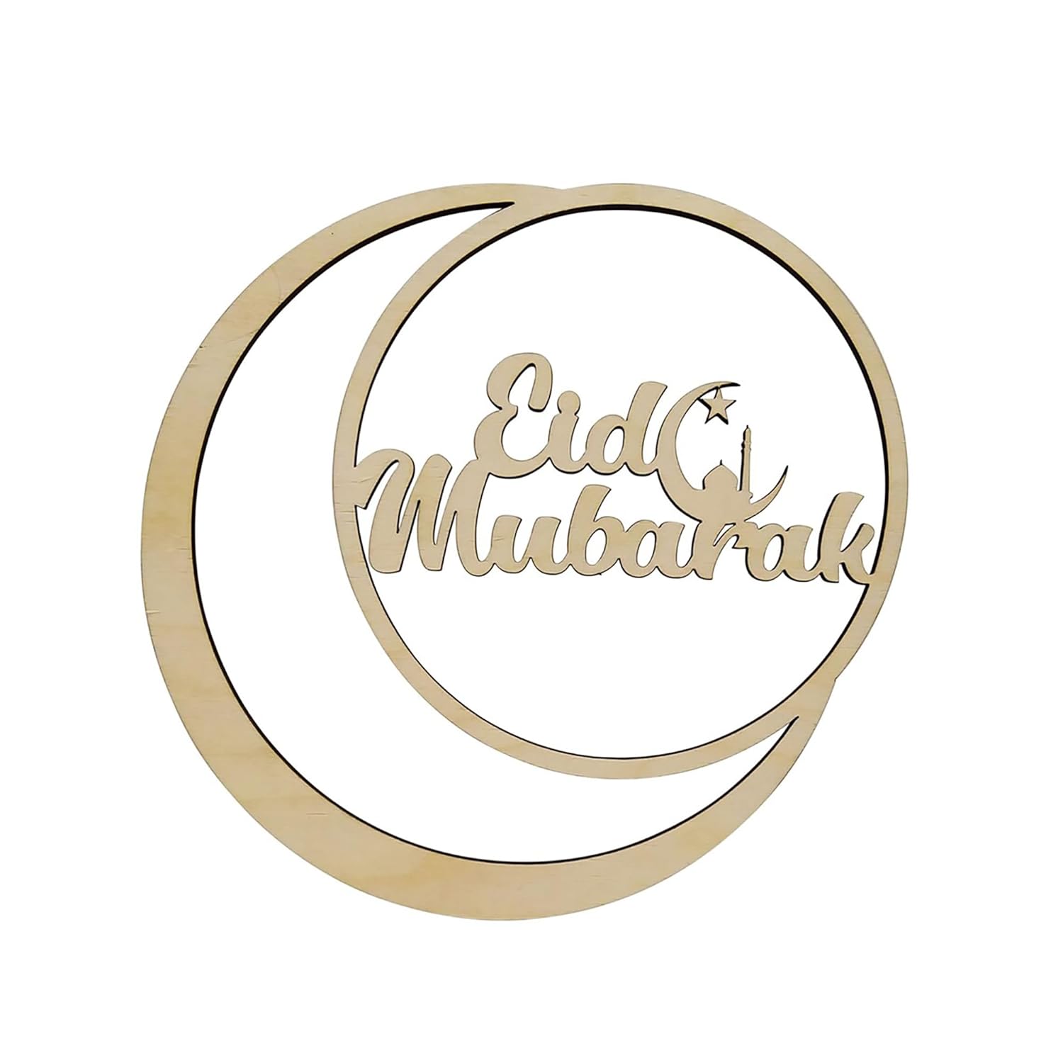 Decorative sign with 'Eid Mubarak' text on a white background