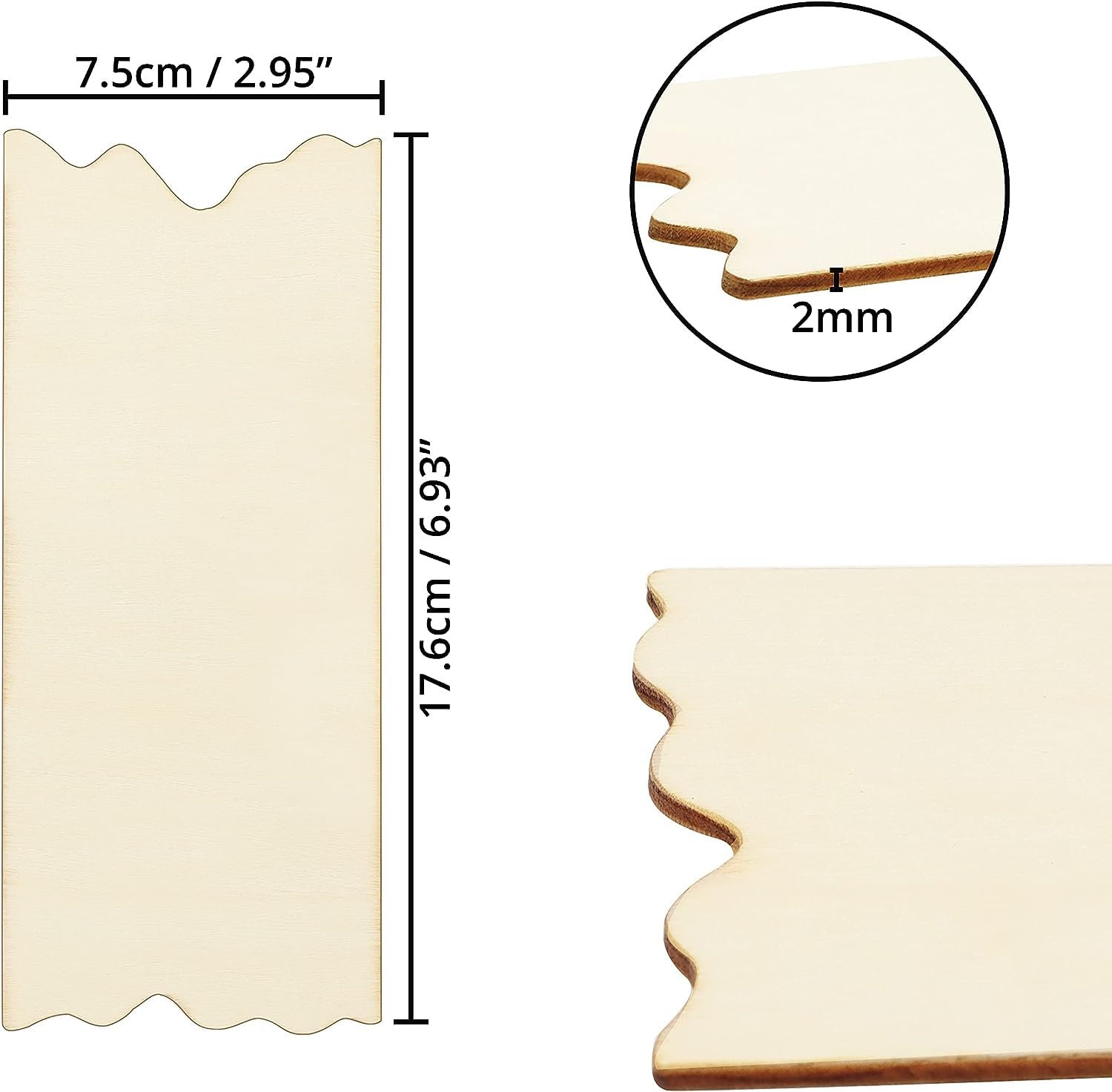 Wooden molding with dimensions and thickness measurement on a white background