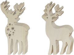 Two wooden reindeer decorations with star embellishments on a white background