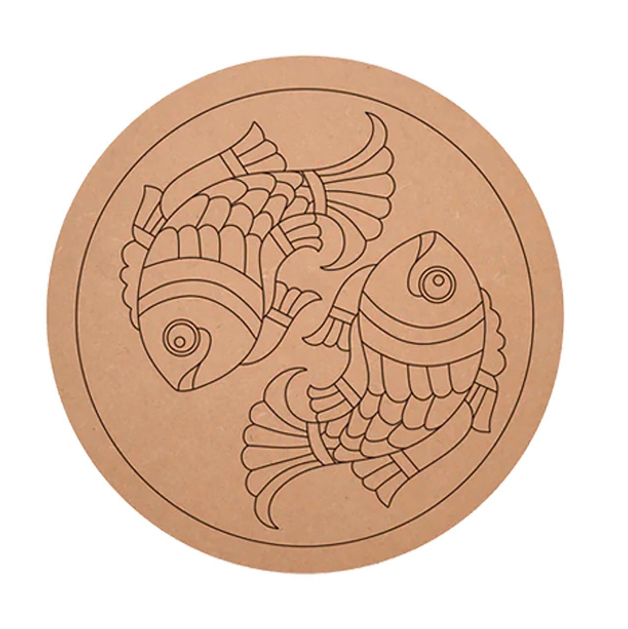 Round brown coaster with fish design on a white background