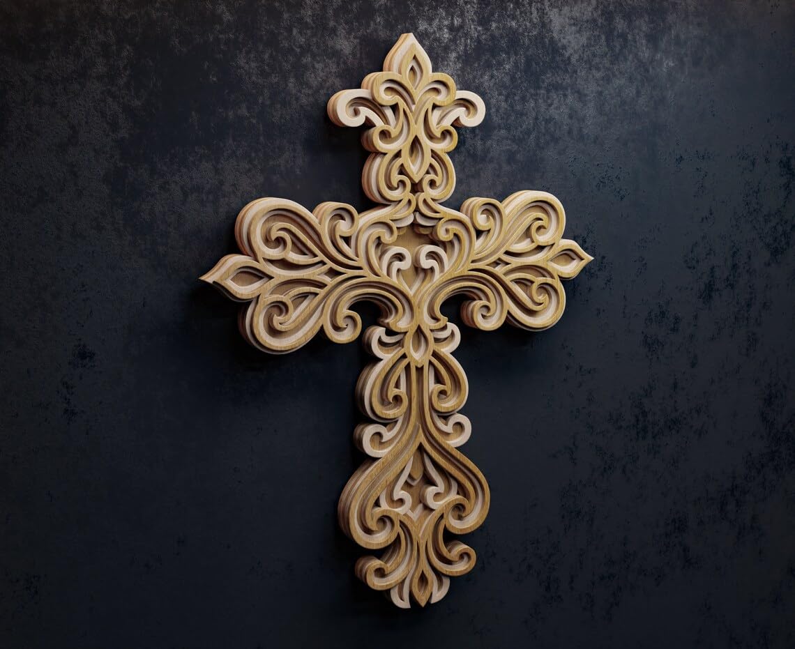 Decorative wooden cross on a dark textured background