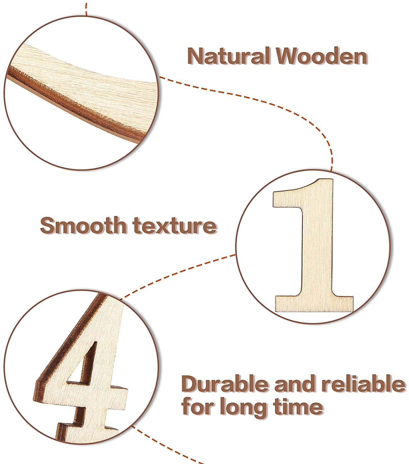 Wooden numbers with close-up of texture and durability on a white background