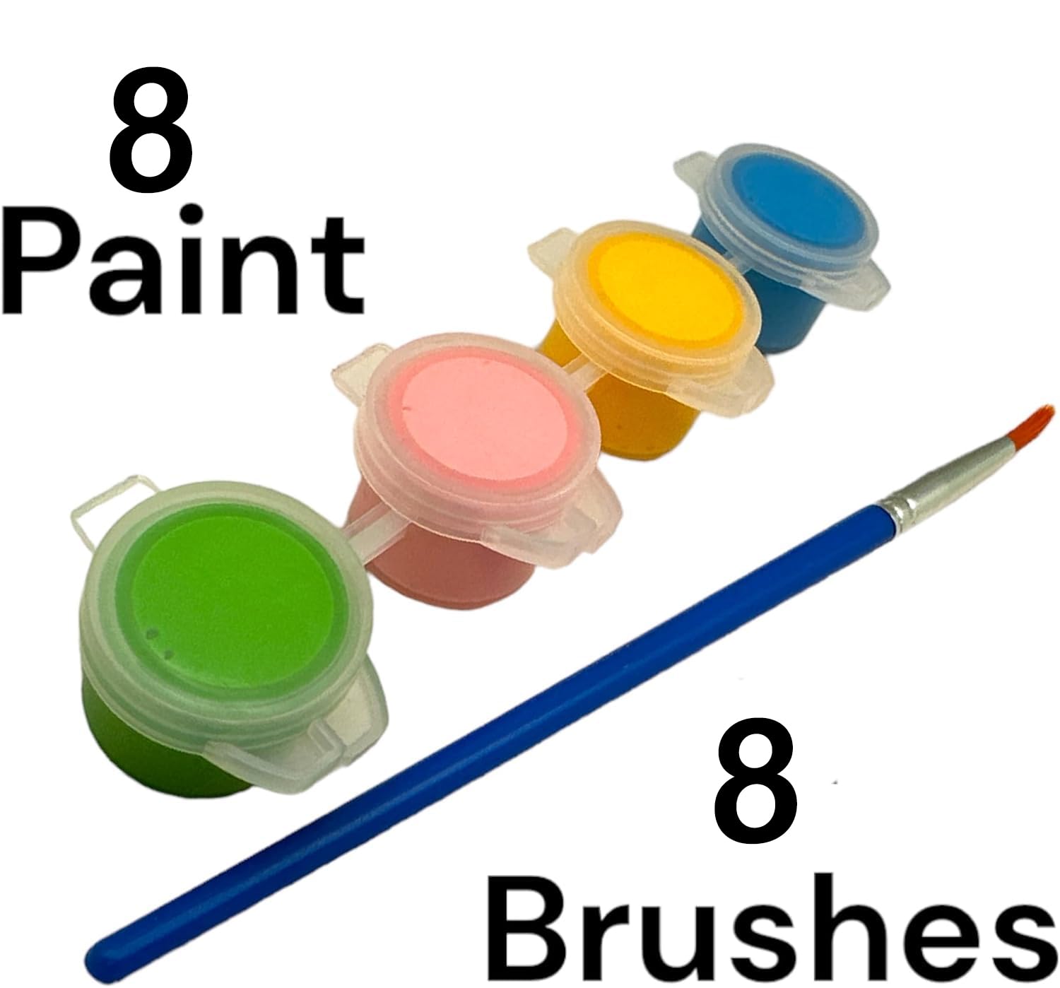 Set of four paint containers with lids and a paintbrush on a white background