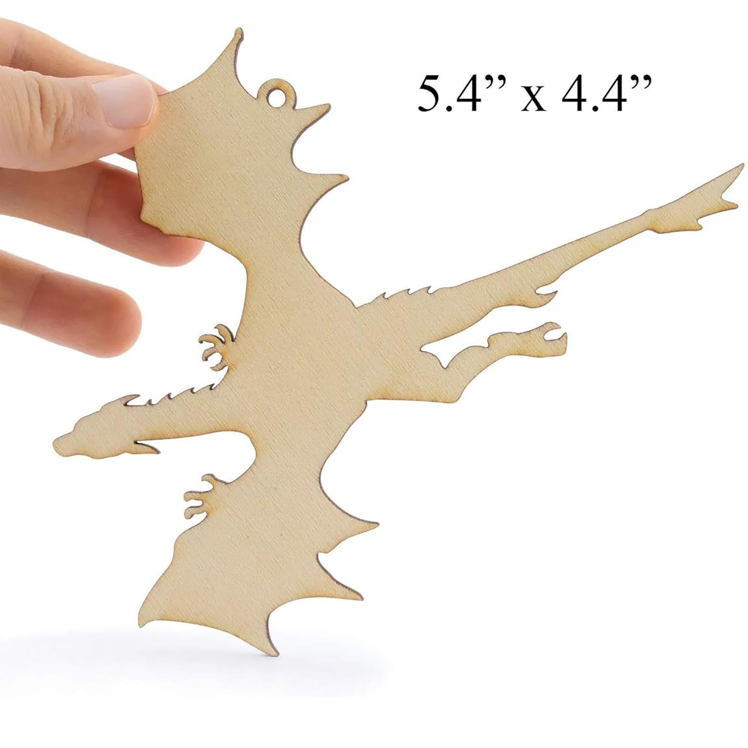 Wooden lizard-shaped ornament held by a hand with dimensions displayed.