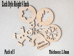 Set of wooden Christmas ornaments on a light gray background