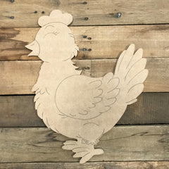 Wooden cutout of a chicken on a wooden background