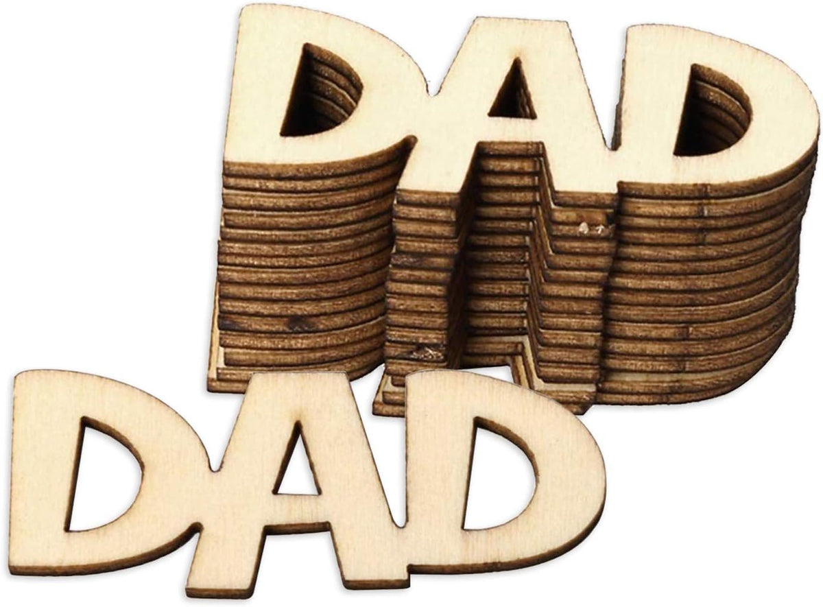 Wooden letters spelling 'DAD' on a white background