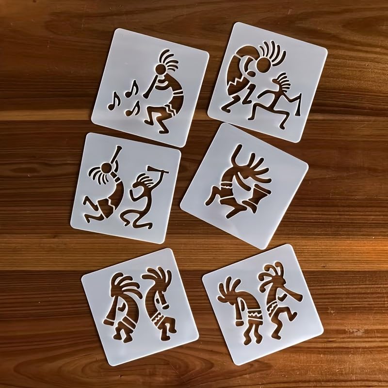 Set of six square stencils with Kokopelli designs on a wooden surface