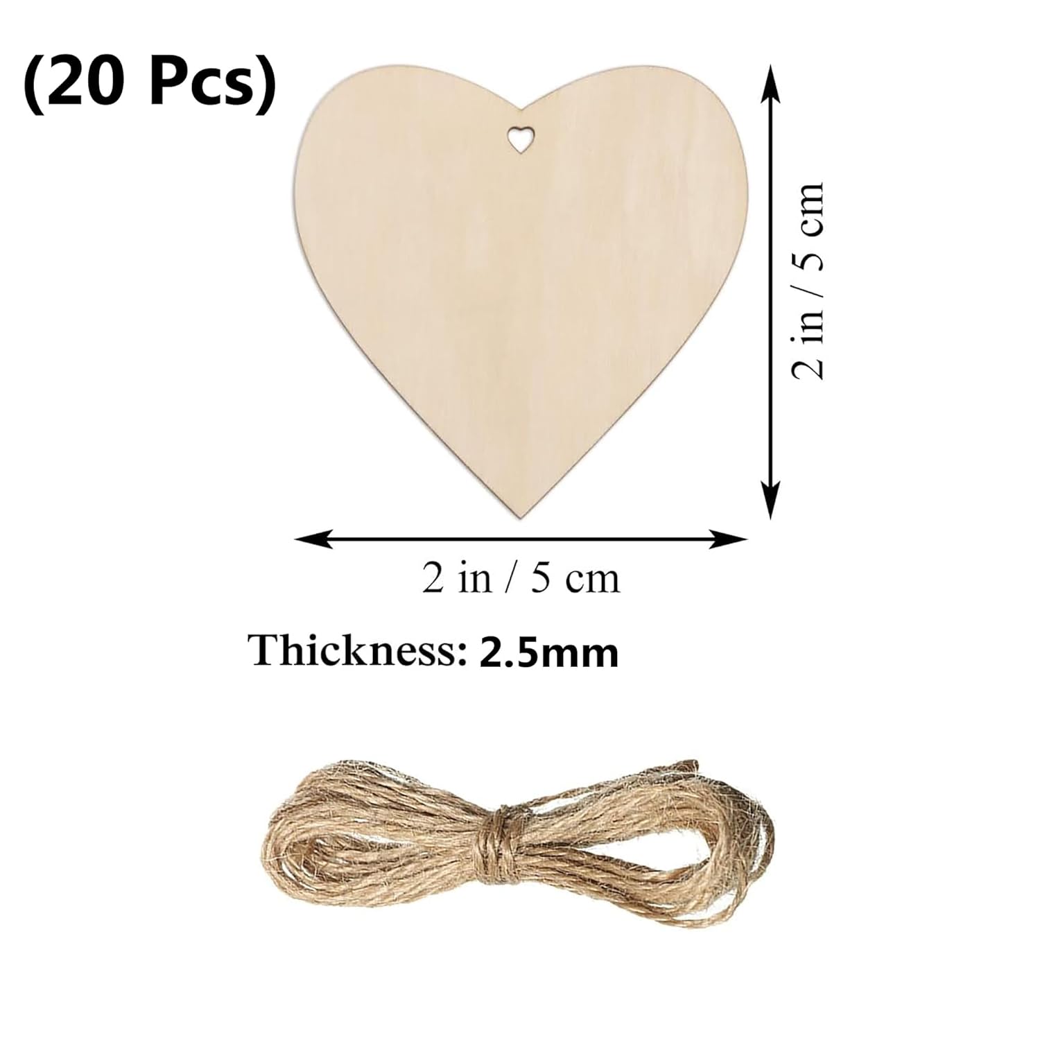 Wooden heart-shaped tags with twine, showing dimensions and quantity on a white background.