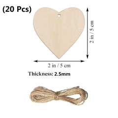 Wooden heart-shaped tags with twine, showing dimensions and quantity on a white background.