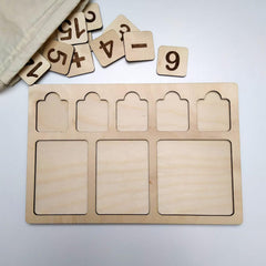 Wooden puzzle with cut-out shapes and number tiles on a light background