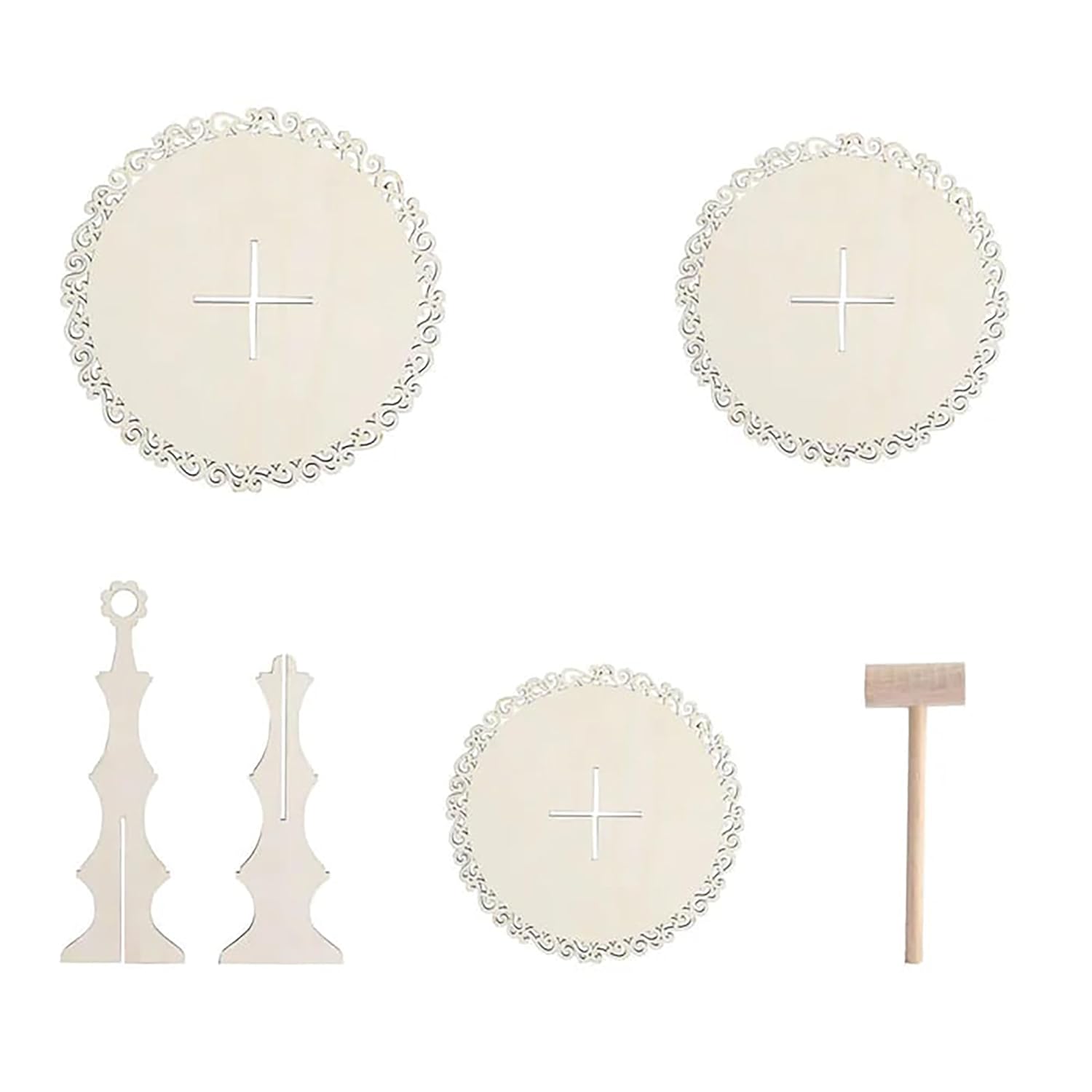 Set of decorative items including round plates with cross symbols and standing stands on a white background