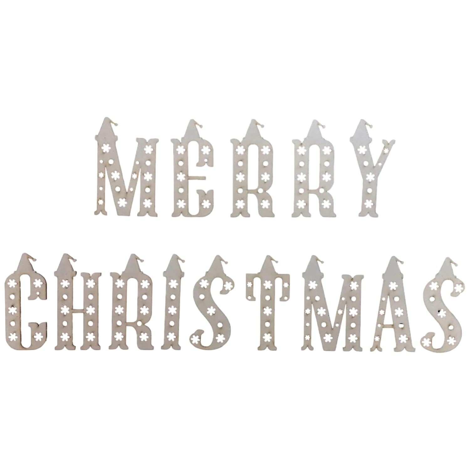 Decorative metallic 'Merry Christmas' text with star details on a white background