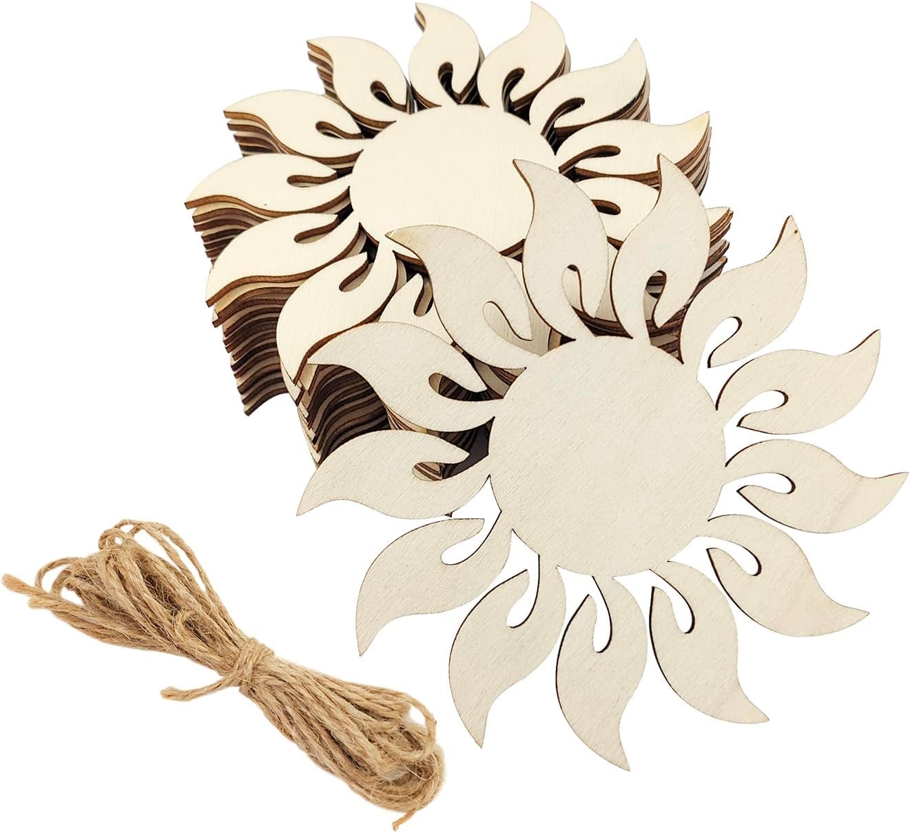 Wooden sun-shaped cutouts with jute string on a white background