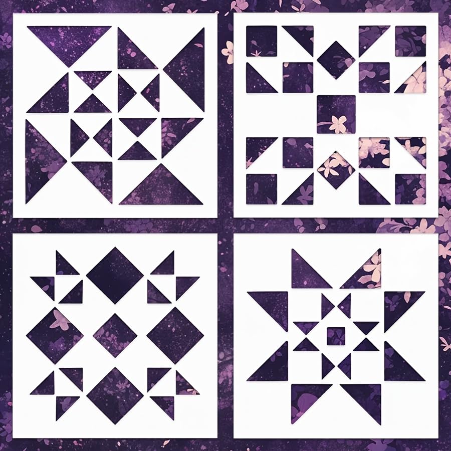 Four geometric quilt blocks on a purple background with floral patterns.