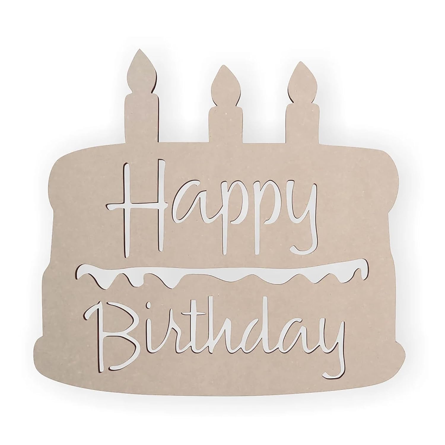 Decorative sign shaped like a birthday cake with 'Happy Birthday' text on a white background