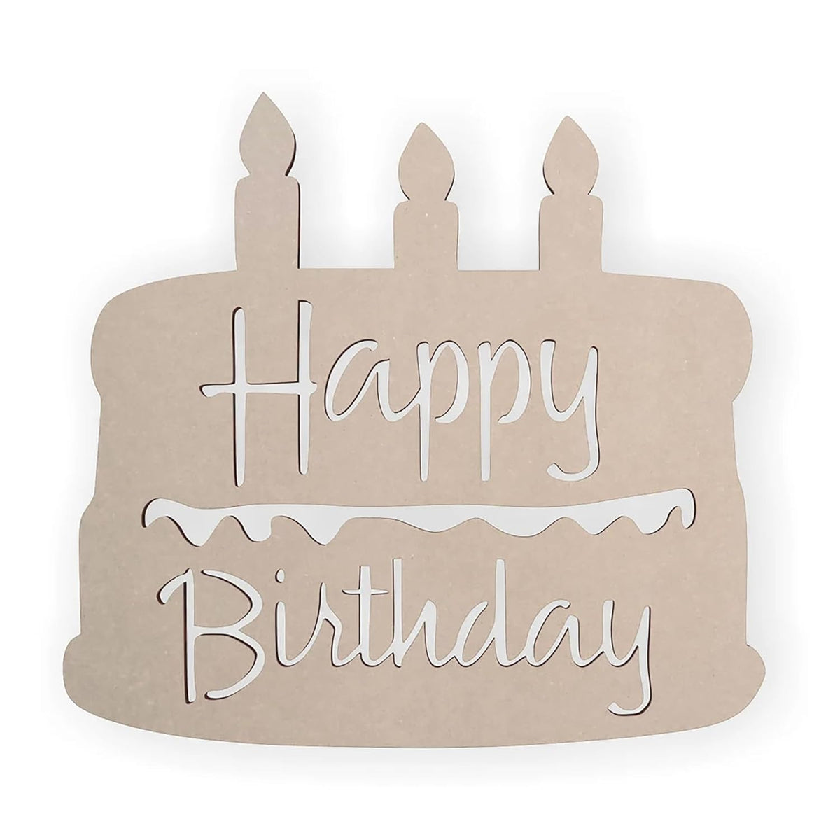 Decorative sign shaped like a birthday cake with 'Happy Birthday' text on a white background