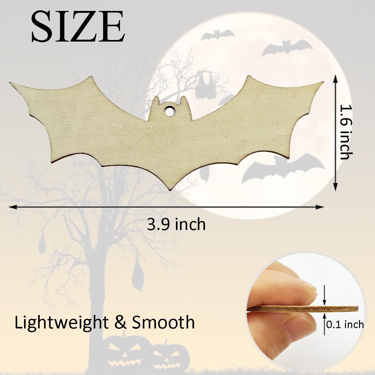 Wooden bat-shaped ornament with measurements and a hand holding it for scale against a Halloween-themed background.