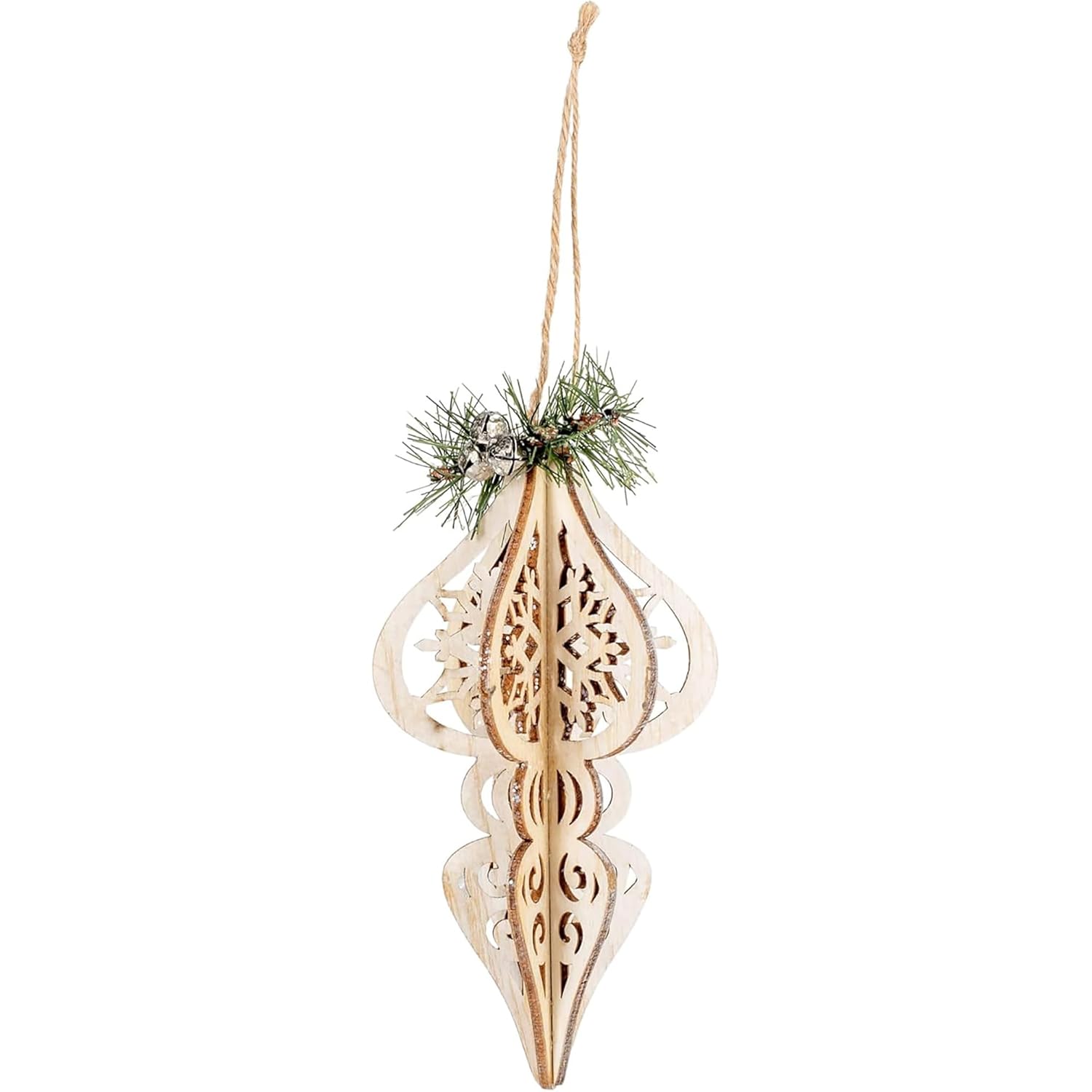 Decorative wooden ornament with intricate cut-out patterns and greenery on a white background