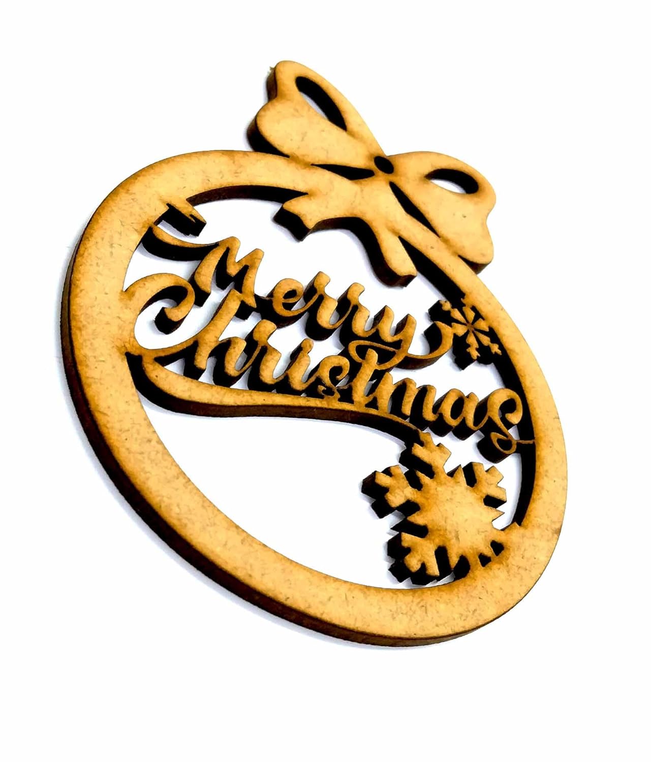 Wooden Christmas ornament with 'Merry Christmas' text, bow, and snowflake design on a white background.